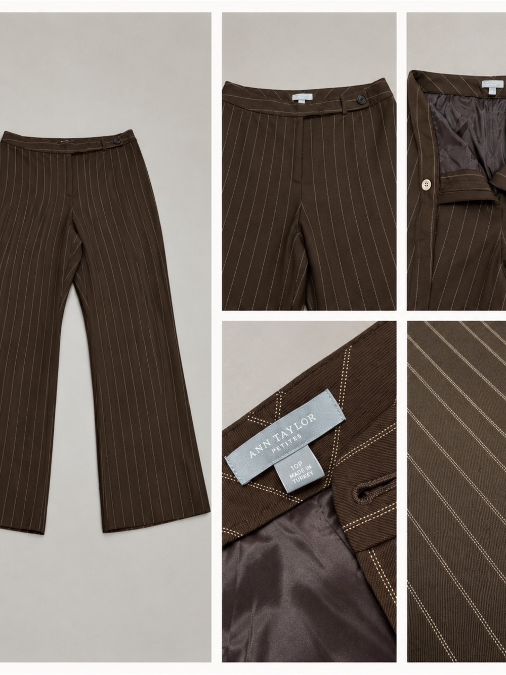 Ann Taylor Petites 12P Chocolate Brown Cream Pinstripe Wool Wide Leg Pants